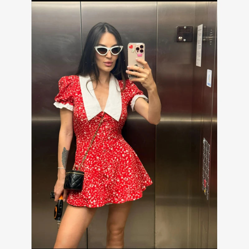 Sexy Pink Floral Print Ruffle Slim Short Dress Women Elegant V-neck Pleated Puff-sleeve Ruched Dresses Lady Party Club Robe New