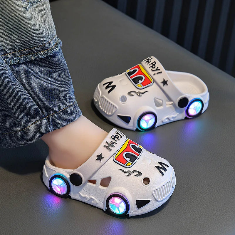 Children's Slippers 2026 Summer New Boys' Car Shaped Wheels Will Light Up Anti Slip Soft Bottom Baby Beach Slippers