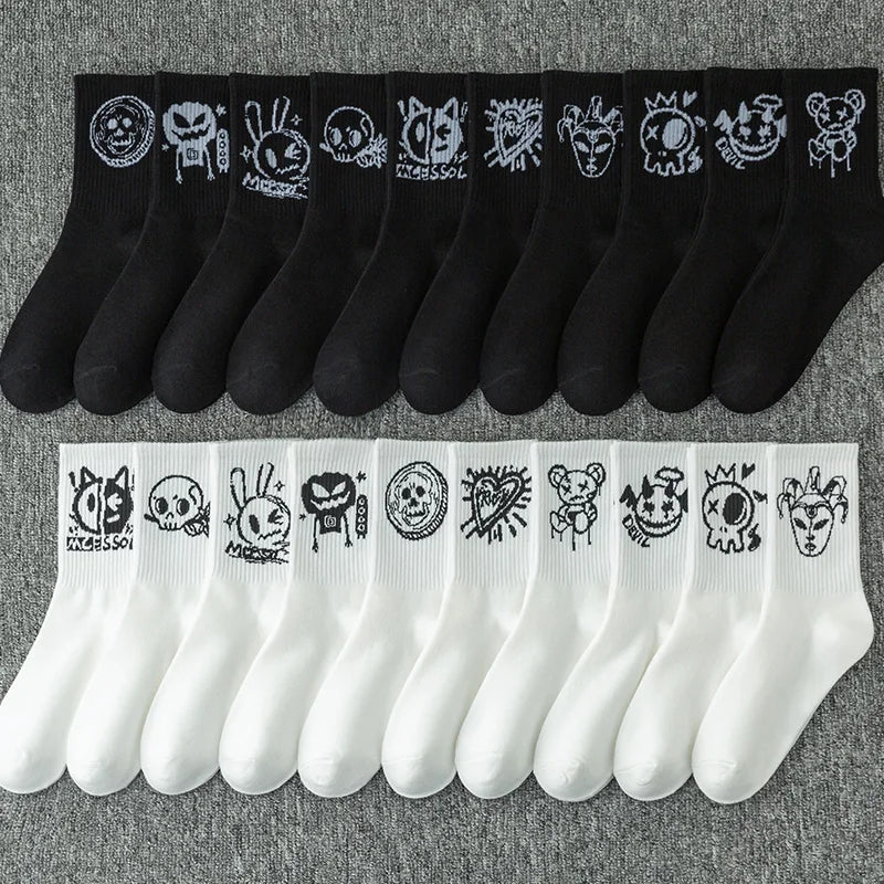 10 pairs of funny little devil pattern socks, casual and personalized, black and white colors suitable for various trendy occasi