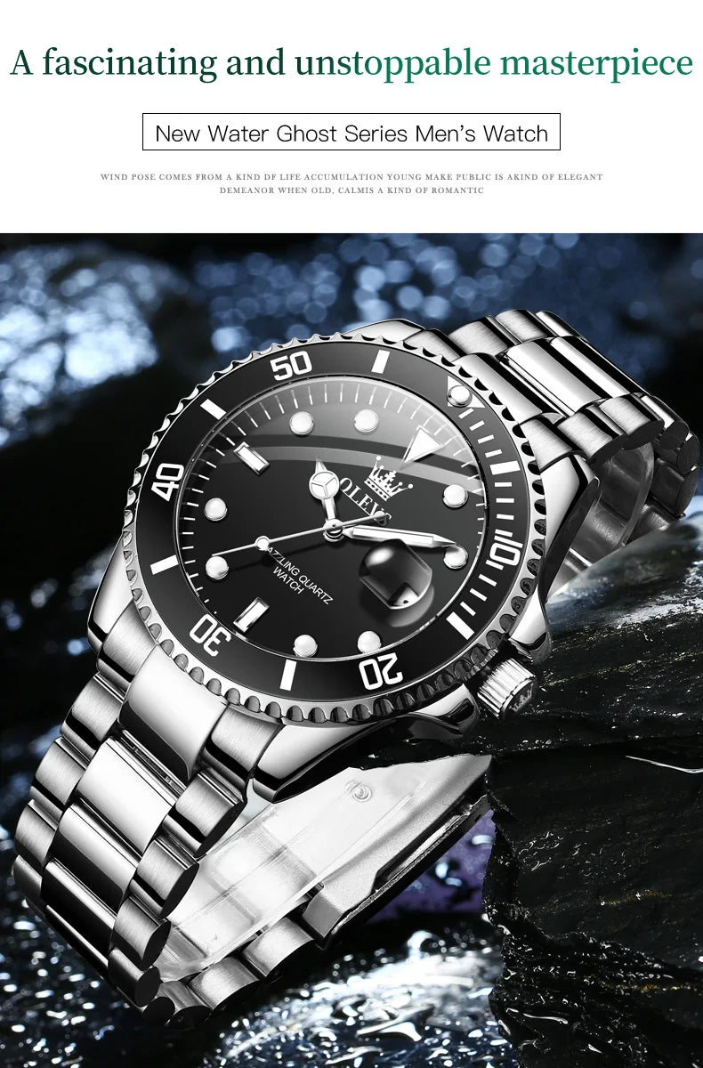 OLEVS 5885 Men's Watches Business Stainless Steel Strap Green Quartz Watch Waterproof Calendar Luminous High Quality Wristwatch