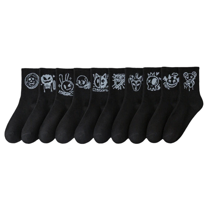 10 pairs of funny little devil pattern socks, casual and personalized, black and white colors suitable for various trendy occasi