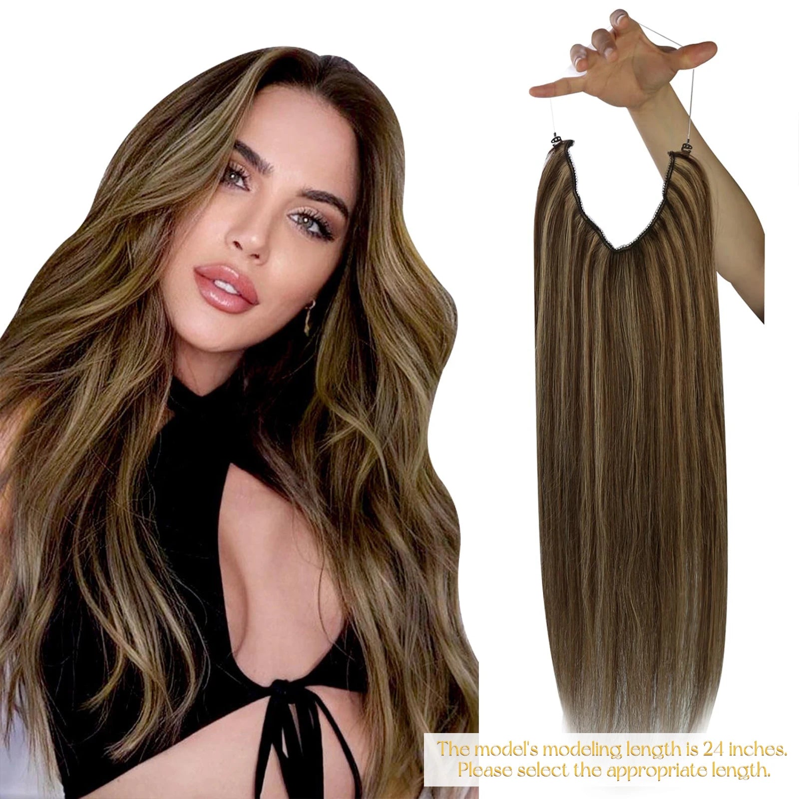 VeSunny Fish Line Human Hair Extension Wire Natural Hair One Piece Invisible Wire Hair Weft with 2 Clips Blonde Soft Remy Hair