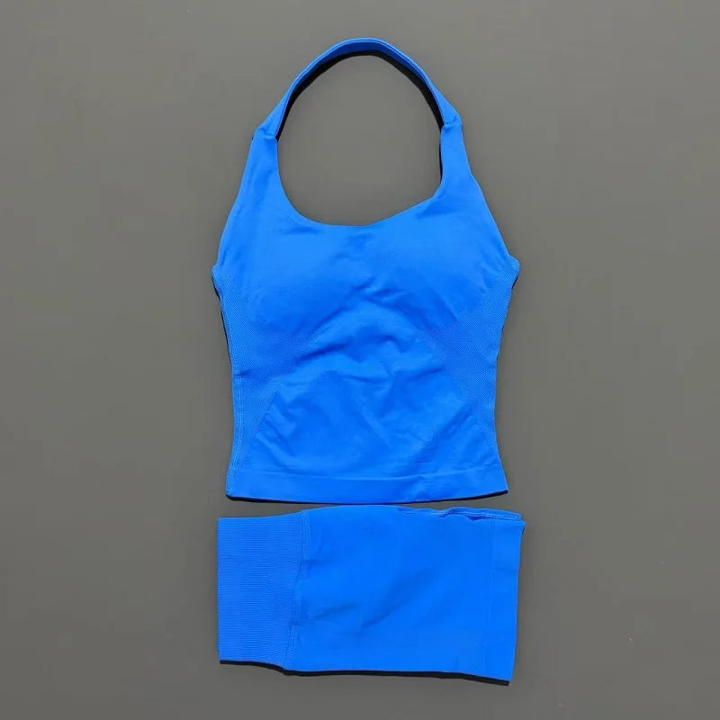 2 Peice Histello Sports Set Women Seamless Halter Top Longline Strappy Padded Scrunch Shorts Set Yoga Suit Gym Workout Sets