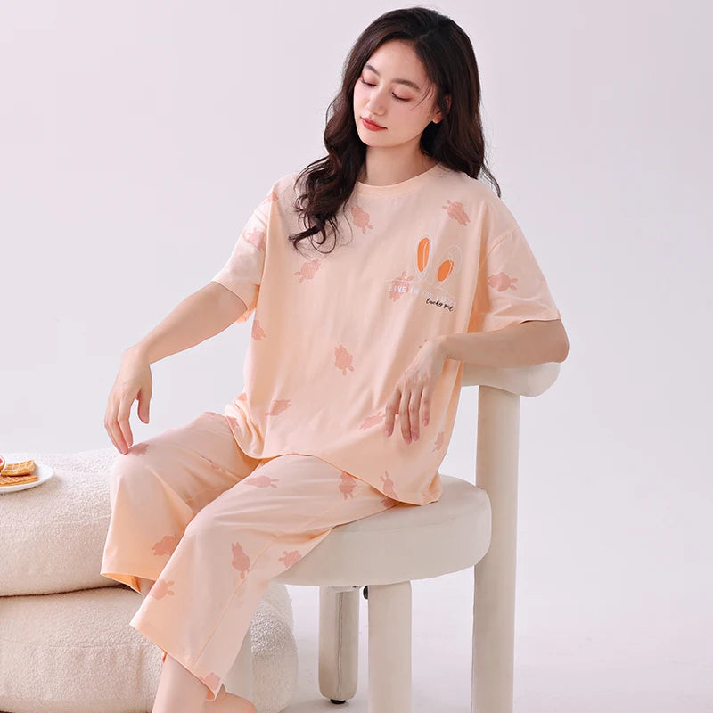 Newest Summer Casual Pajamas Set Women 100% Cotton Sleepwear Female Short Top+Calf-Length Pant Pyjamas