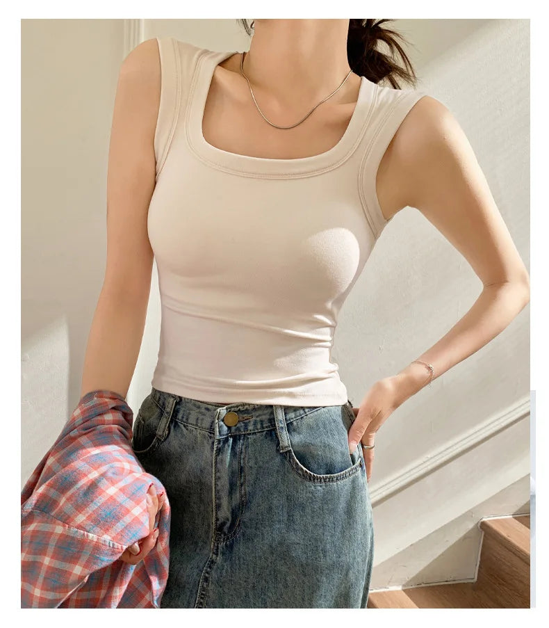 2026 New Wide Shoulder Strap Women's Vest with Chest Pad Summer All-match I-shaped Vest Slim Fit Base Top Fashion Outer Wear