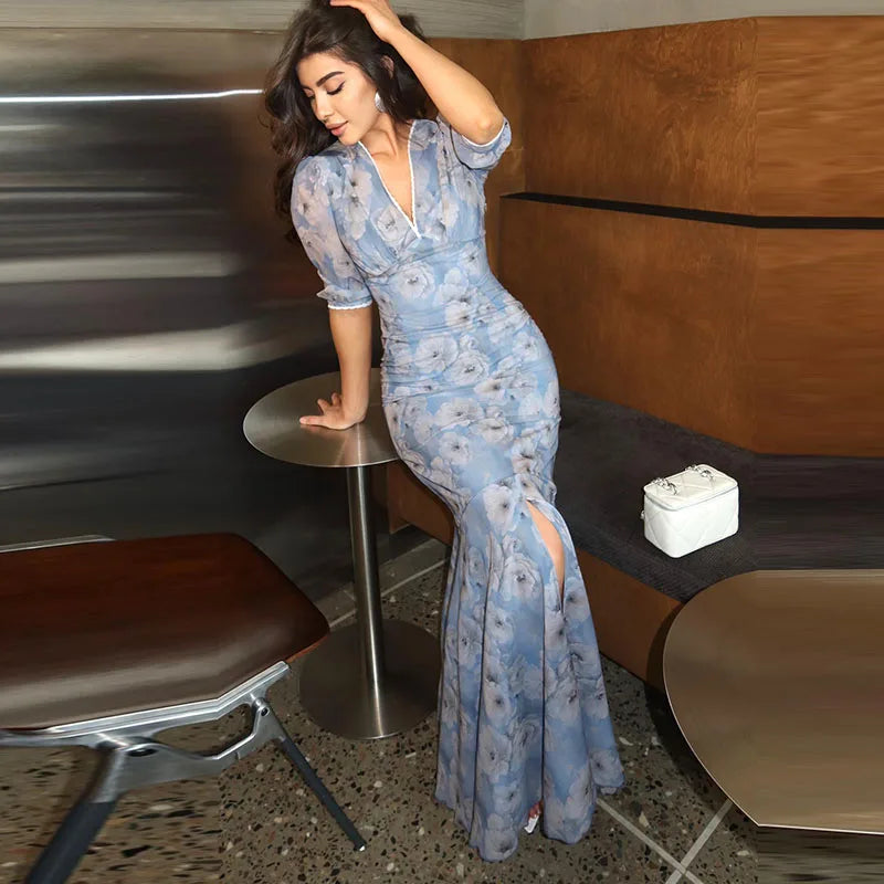Elegant Print Women Long Dress Fashion Trumpet Pleated Short Puff Sleeve V-neck Female Dresses 2026 Summer Beach Lady Robe New
