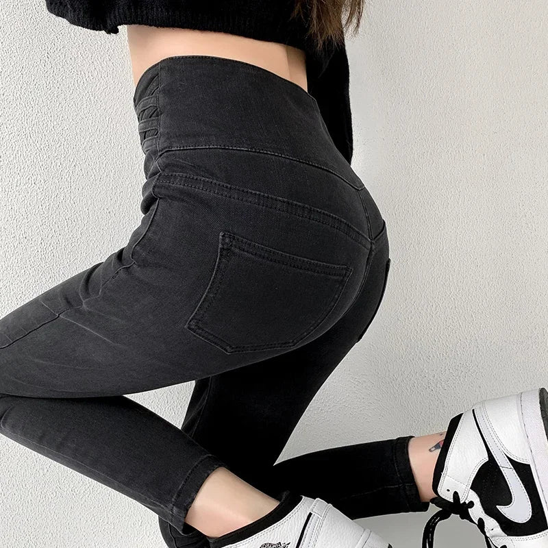 Skinny Pencil Y2K Jeans Four Buttons Vintage High Waist Women Slim Stretch Denim Pants Tight Trousers 2025 Women's Denim Pants