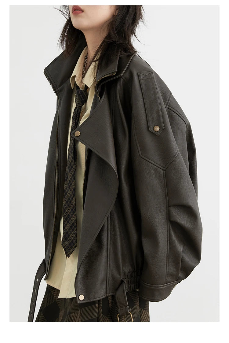 CHIC VEN Woman PU Jacket Solid Loose New Retro Standing Collar Motorcycle Faux Leather Coat Female Top Spring Autumn 2026