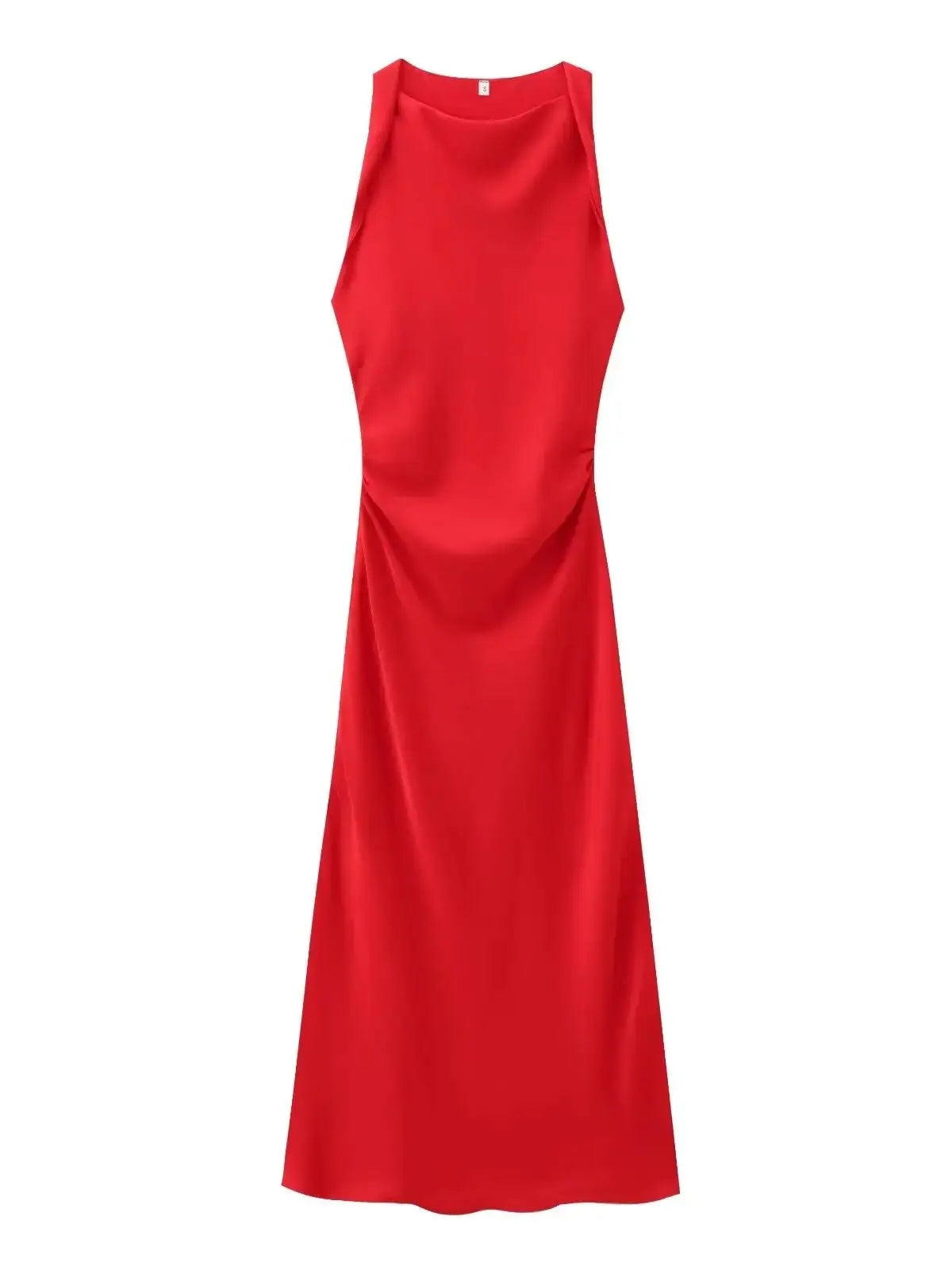 XNWMNZ 2024 Women's Fashion Satin Midi Dress Women High Street O Neck twisted armholes Waist Gathered Fit female Midi Dresses