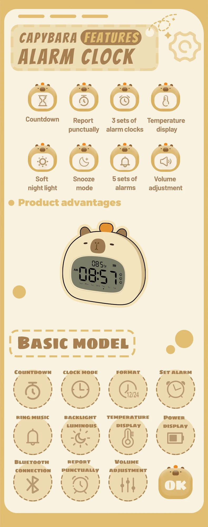 Bedside LED Clock Kids Alarm Clock Children's Sleep Trainier Temperature Display With Rechargeable Control Digital Cute Capybara