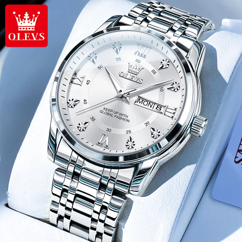 OLEVS 5513 Mens Watch Original Fashion Brand Quartz Waterproof Luminous Watch For Man Stainless Steel Dual Calendar Watch Box