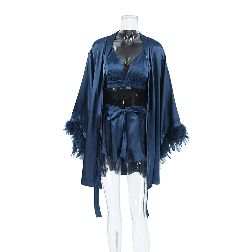 Shorts Nightgown Three-piece Set, Imitation Silk, Loungewear, Feather Pajamas