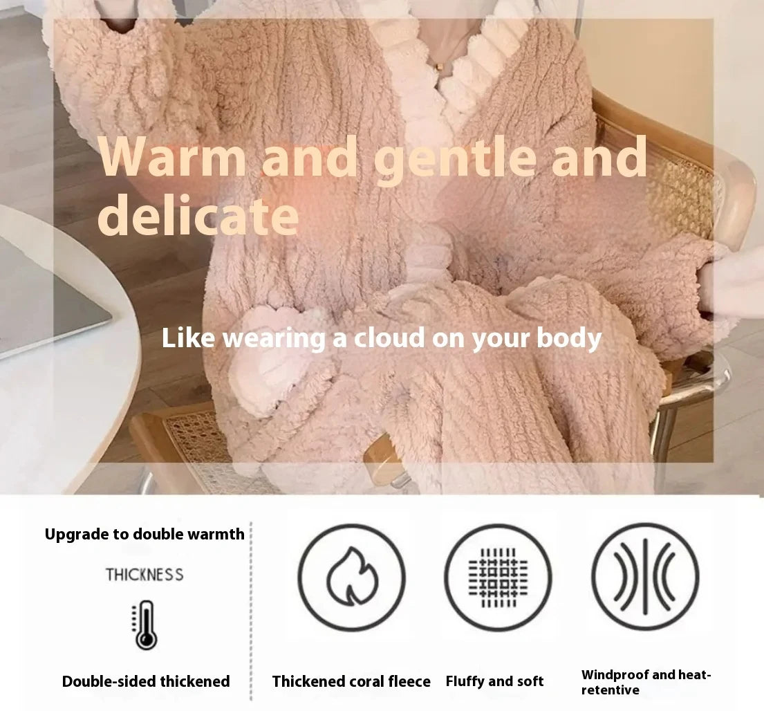 Thickened Warm Flannel Women Sleepwear Loungewear Cardigan Suit Winter Sweet Kawaii Soft Fairy Wind Ladies Pajamas Homewear