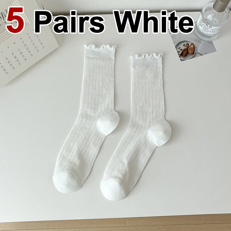 5/10 Pairs Women Solid Color Mesh Mid Tube Socks Summer Lightweight Breathable Fashionable Wavy Edge Ballet Style Casual Socks