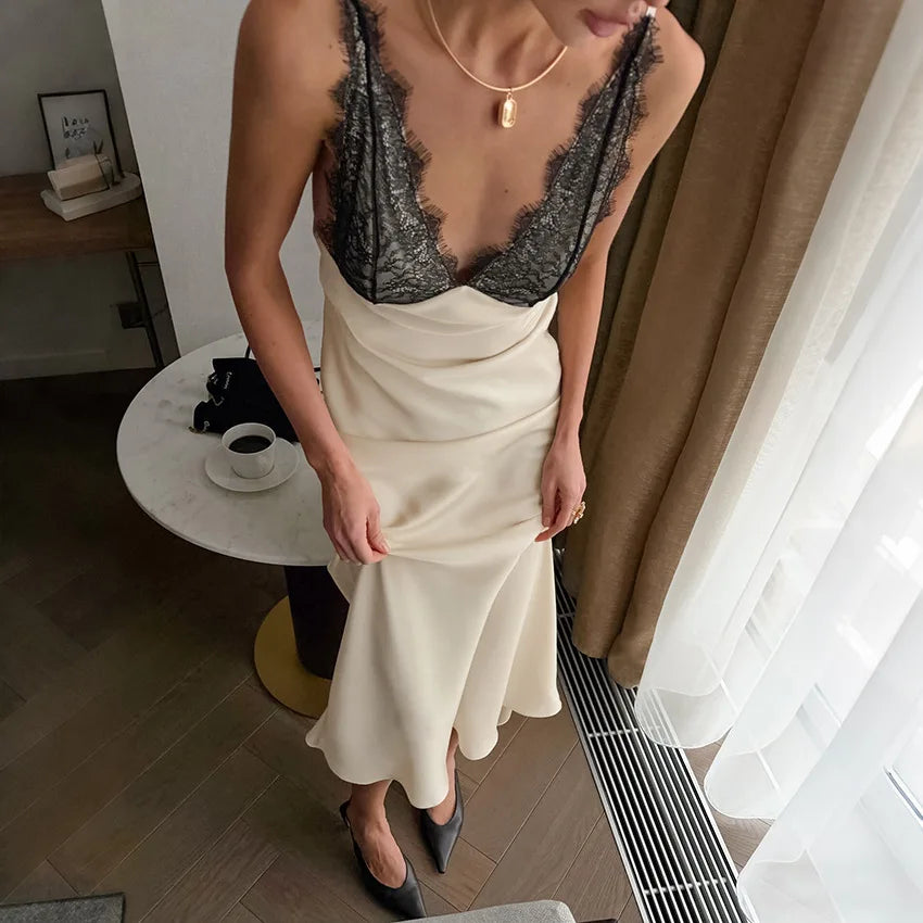 Tossy Lace V-Neck Printed Long Dress Women's Patchwork High Waist Slim Backless Summer 2026 New Dress Female Party Dress Gown