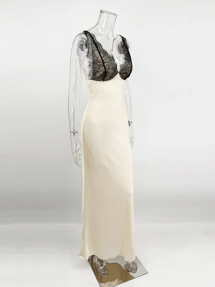 Tossy Lace V-Neck Printed Long Dress Women's Patchwork High Waist Slim Backless Summer 2026 New Dress Female Party Dress Gown