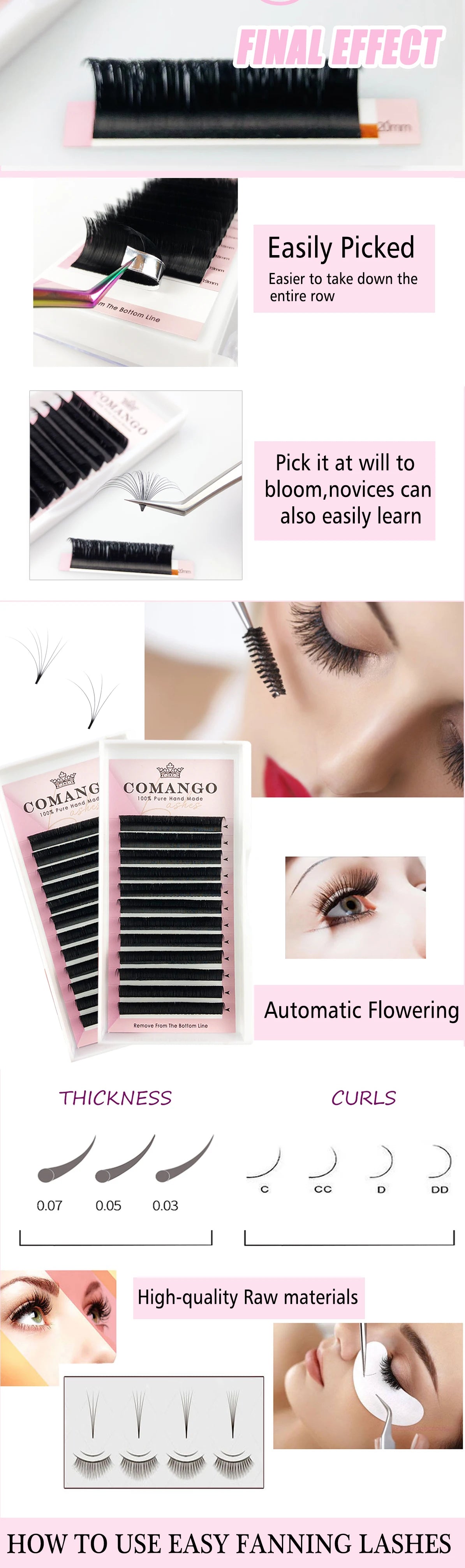 CoMango Easy Fan Lashes Extension DIY 2d/3d/4d/10d Faux Mink Blooming Eye Lash Extensions 0.03/0.05/0.07 Makeup Lashes