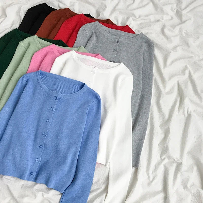 Spring Autumn Knitted Cardigans Women Long Sleeve Buttons Front Vintage Cardgian Top Classic Style Simple Soild Color Chic