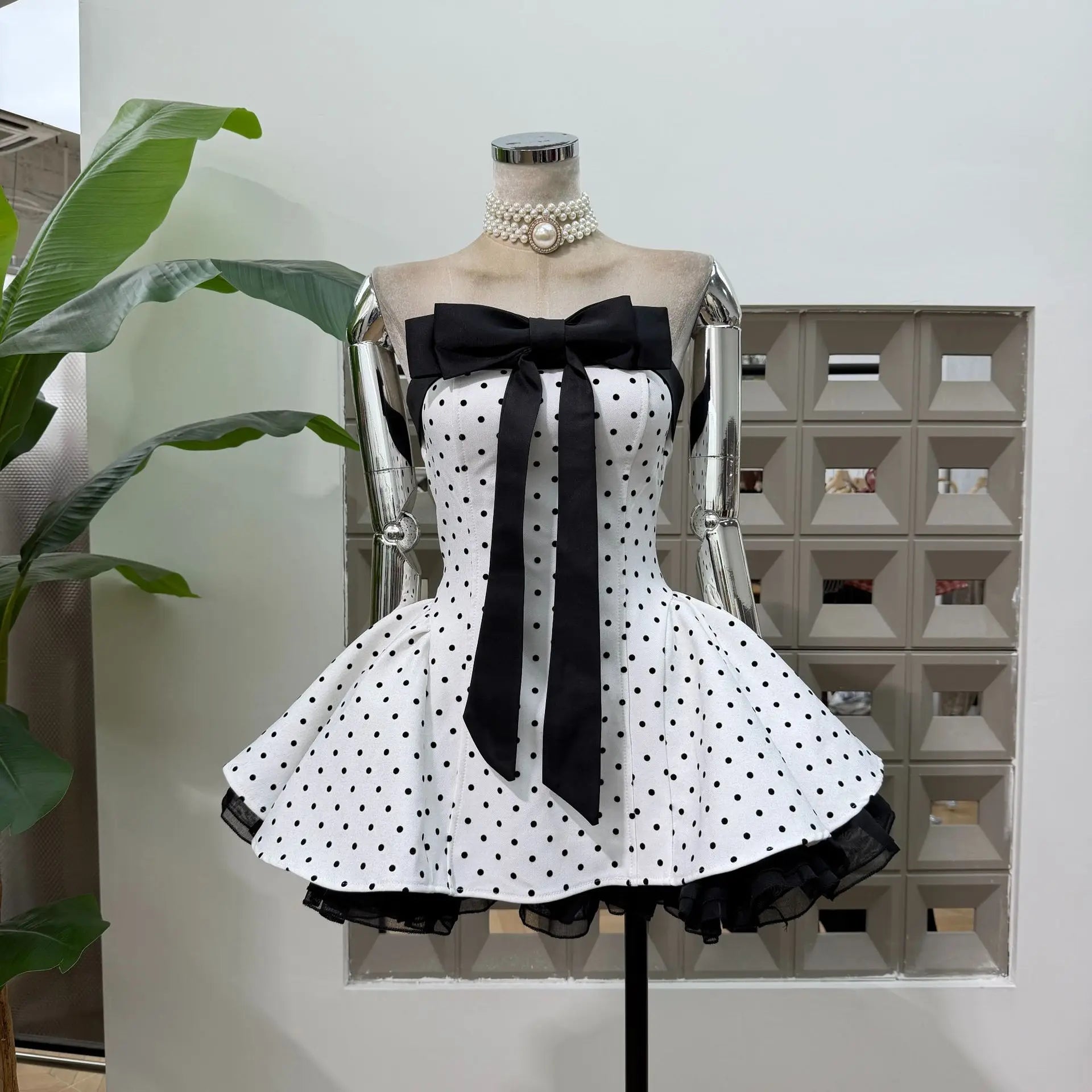 Women Sexy Strapless Backless Polka Dot Bow A Line Dress Party Birthday Evening Ball Gowns Nightclub Show Wear Fashion Vestido