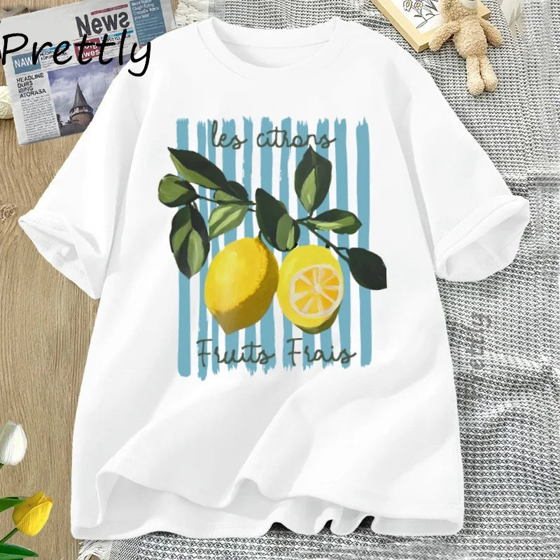 Summer Lemon T-shirt Vintage Cottagecore French T Shirt Cotton Lemon Tee Shirt Vacation Beach Tshirt Casual Short Sleeve Tops