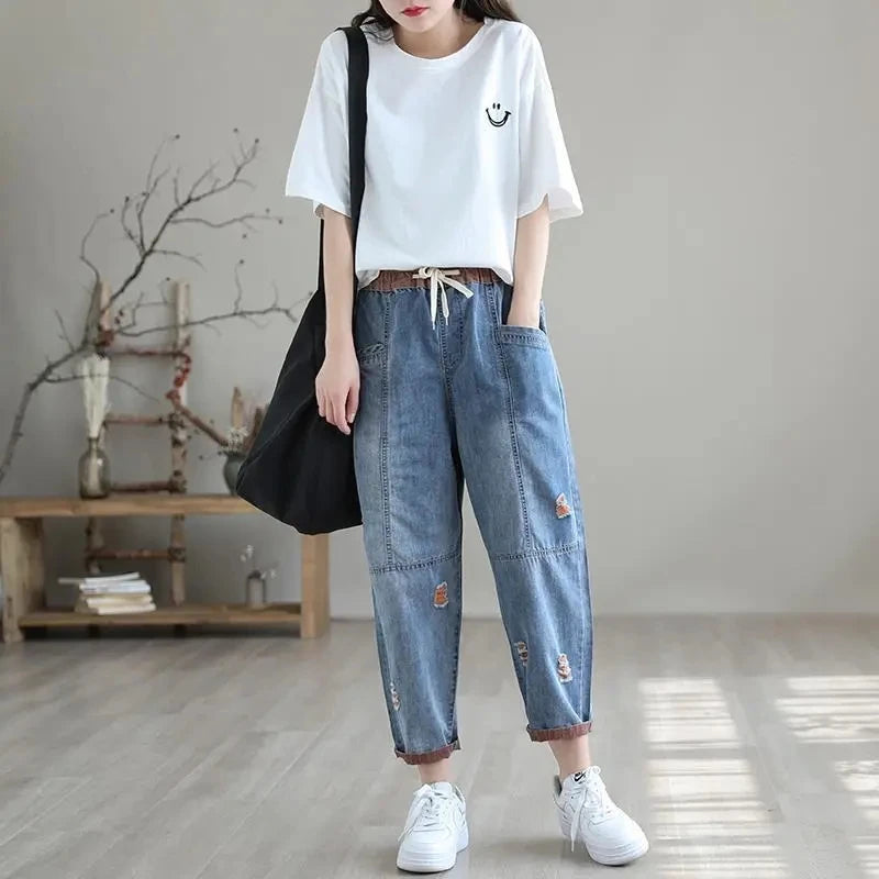 Nine Point ripped Jeans For women Summer 2025 new Loose Thin Elastic waist Casual Harem pants Female denim Ankle Length pants