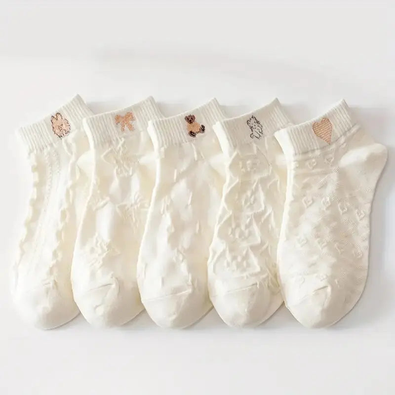 5 Pairs Women Cartoon Patterned Socks Trendy Versatile Breathable Sweat Wicking Deodorizing Antibacterial Comfortable Socks