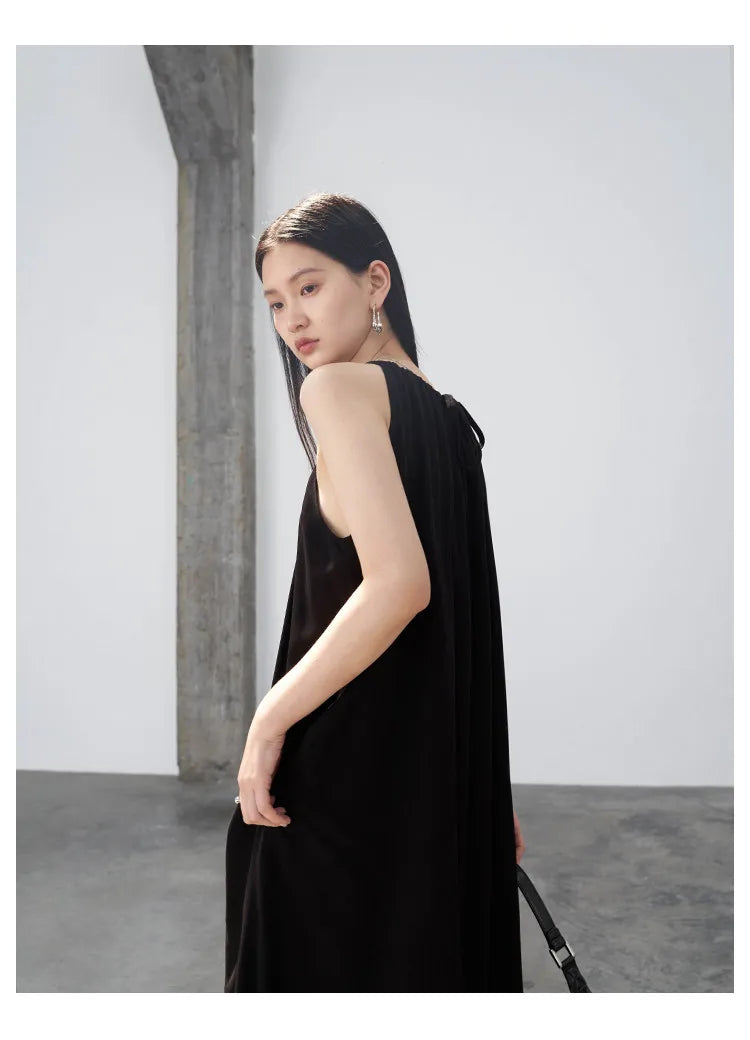 CHIC VEN Women Halter Dress A Line Solid Loose Casual Lace Up Black Sleeveless Holiday Female Long Dress Pullover Summer 2026