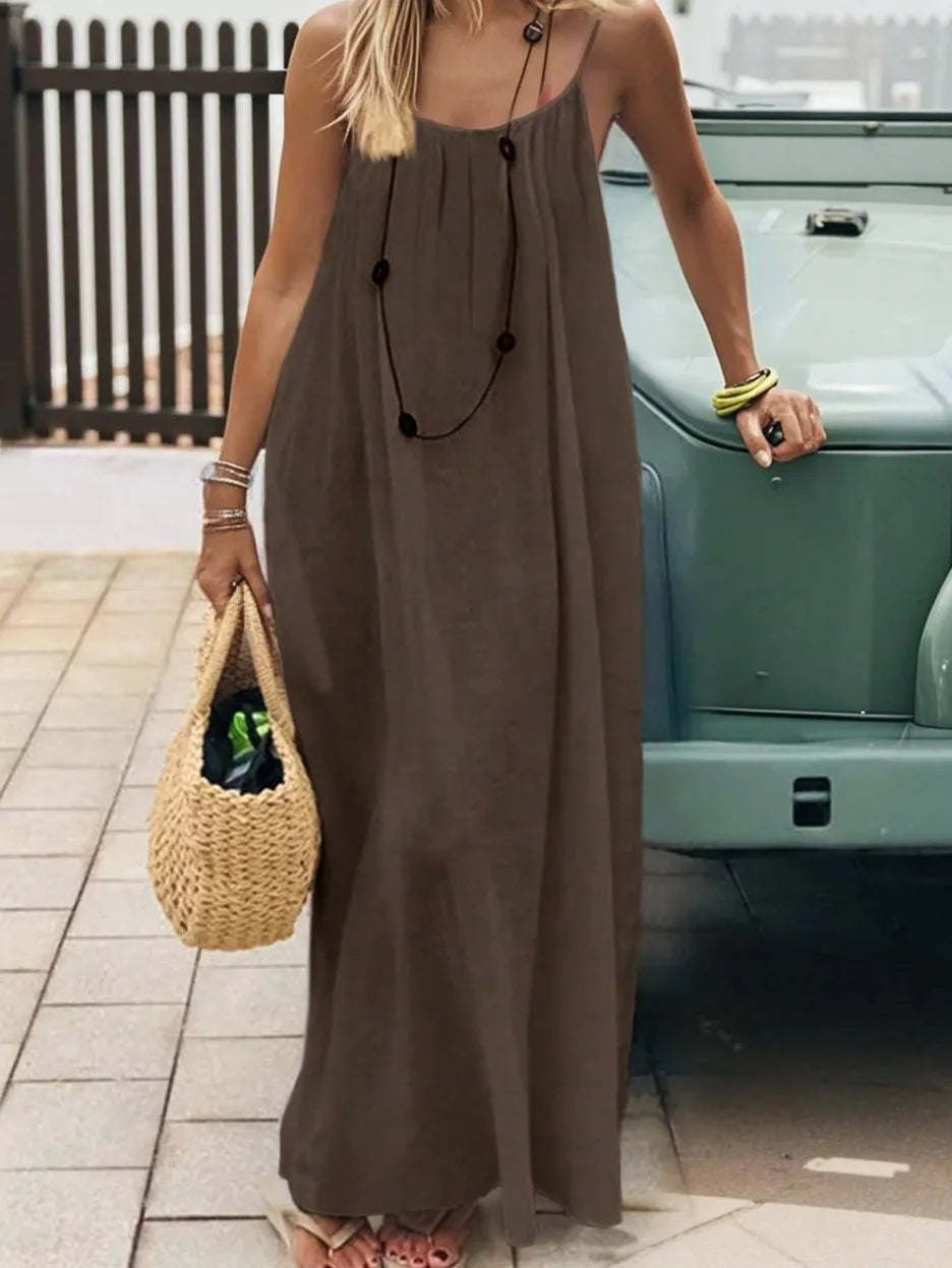 Ladies Loose H-Line Long Gown Comfortable Polyester Home Clothing with New Sleeveless Strap Design Casual Nightwear