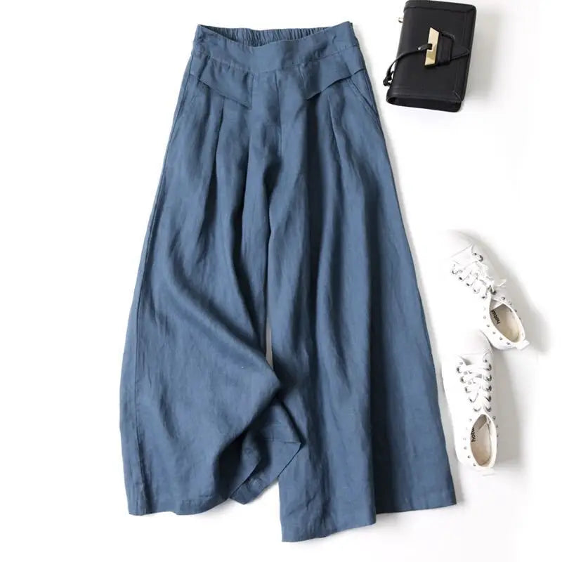 2026 Summer Women's Culottes Cotton Linen Cropped Wide Leg Pants Elastic Waist Casual Palazzo Trousers with Pockets