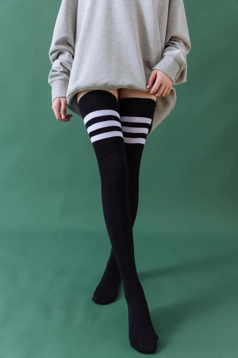 2 Pairs Women's Over The Knee Socks Cotton Thigh High Socks Black White Blue Colorful Striped Pattern Fashion Casual Daily Wear