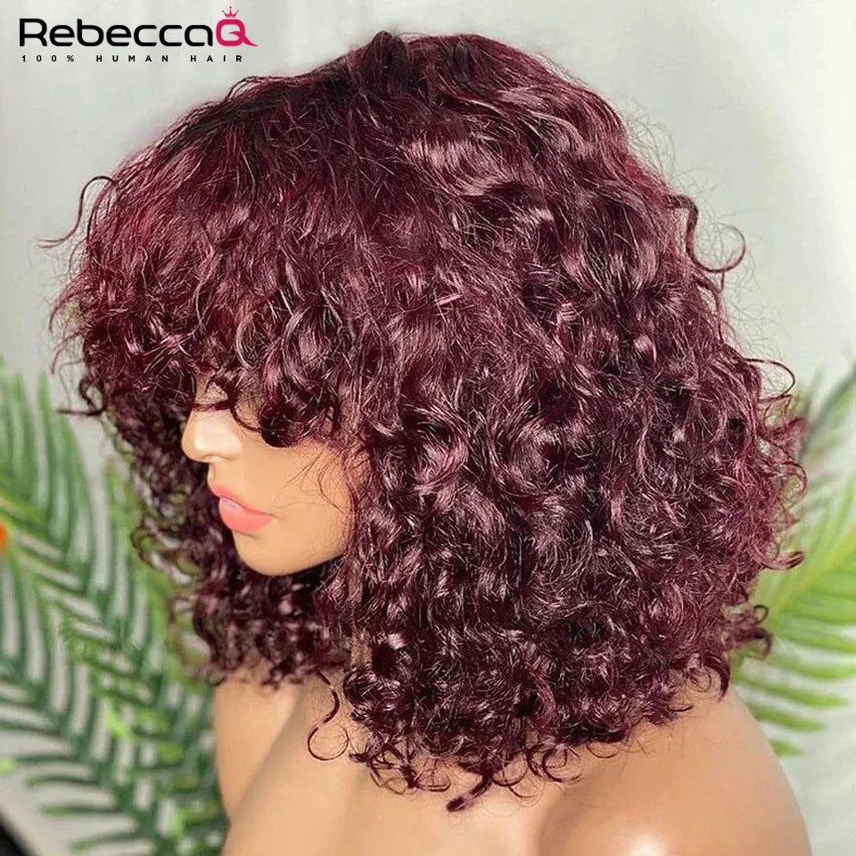 Short Curly Bob Wig With Bangs 100% Human Hair Wigs For Women Brazilian Remy 4C Hair Jerry Curl Glueless Daily Use Natural Color
