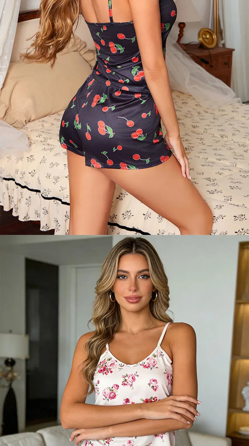 2Pcs Satin Pajama Set for Women Sleepwear Sexy Strap Vest Top Shorts Nightwear Pijamas Sexy Lingerie Sleep Shorts Set Sleepwear