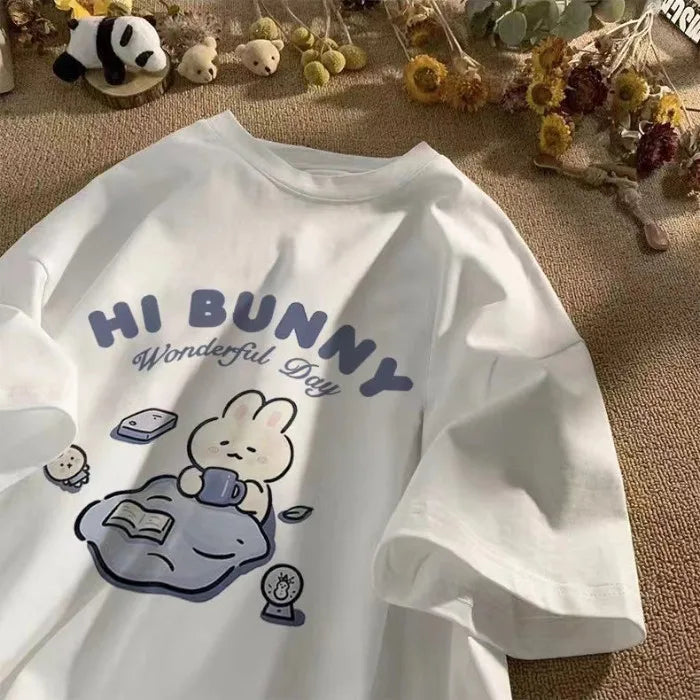 Summer Japanese Cute Tea-drinking Rabbit Printed Short-sleeved T-shirt for Ladies and Boys Same Loose Casual Large-size Top