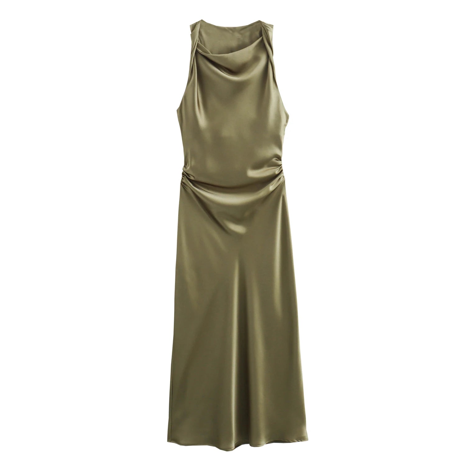 XNWMNZ 2024 Women's Fashion Satin Midi Dress Women High Street O Neck twisted armholes Waist Gathered Fit female Midi Dresses