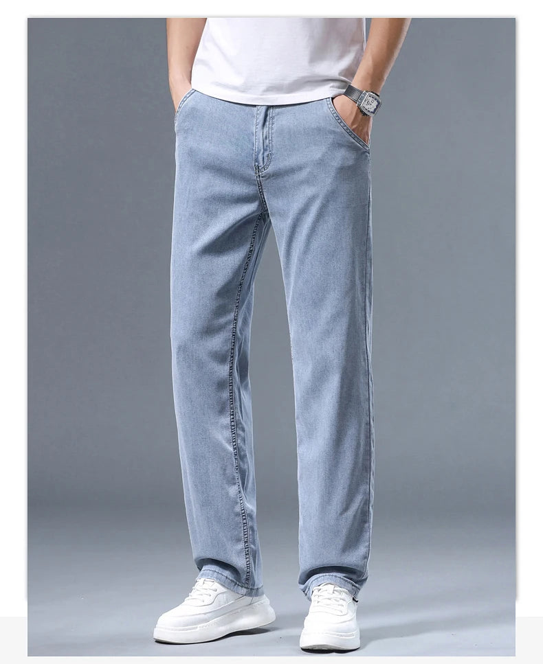 2026 Summer Ice Silk Thin Four Seasons Men's Jeans Loose Straight Wide Leg Pants