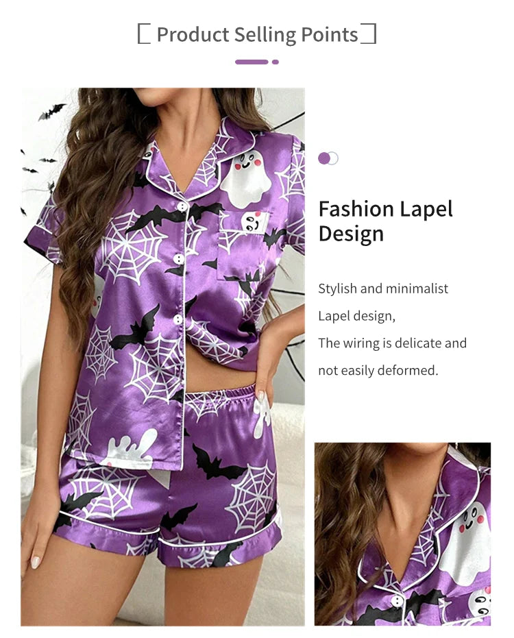 Women's Heart-shaped Print Satin Pajama Pj Set Soft & Comfortable Short Sleeve Buttons Lapel Tops & Shorts Sleepwear Loungewear