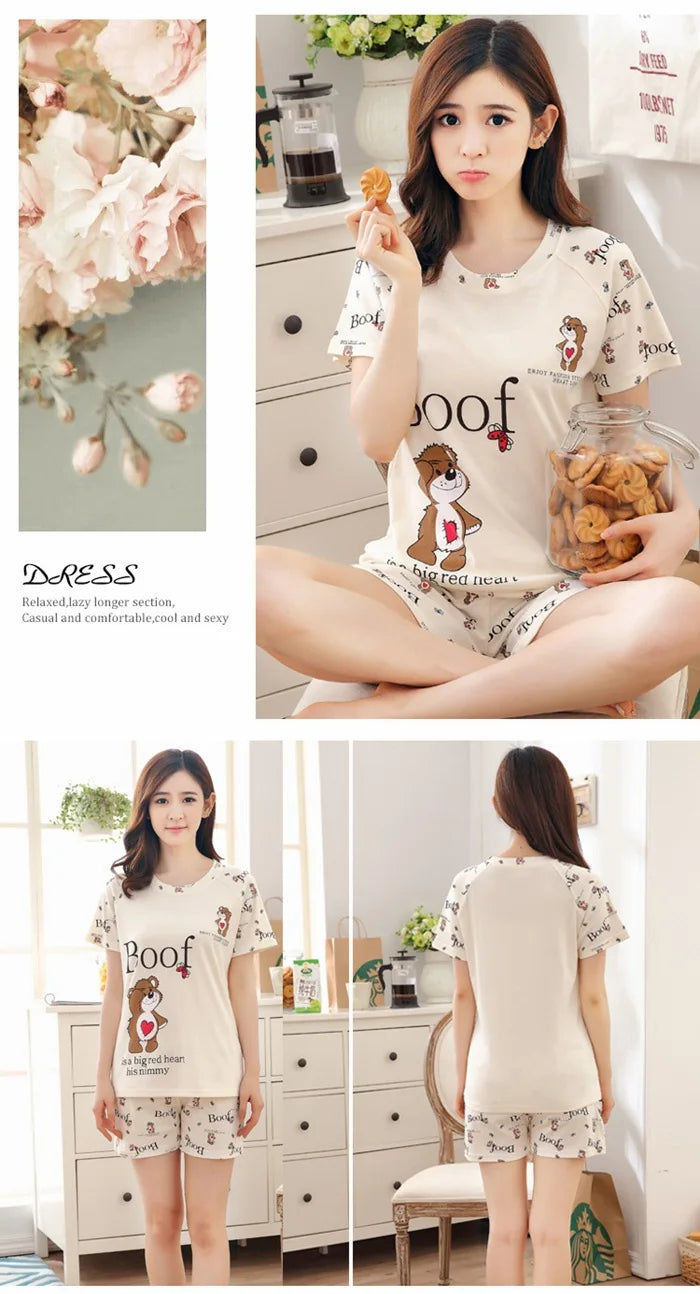 Women Thin Cute Sleepwear 2PCS Shirt Shorts Pajamas Set Nightwear Cartoon Intimate Lingerie Pyjamas Female Homewear Gift Tops