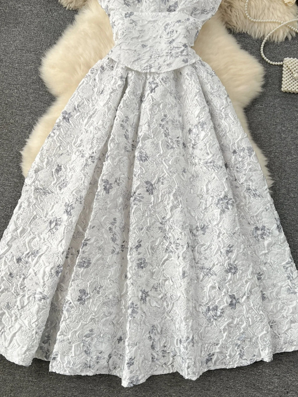 Court Style Elegant Long Dresses for Women Jacquard O-neck Short Sleeve A-line High Waist Vestidos Mujer Frenchic Dress Dropship