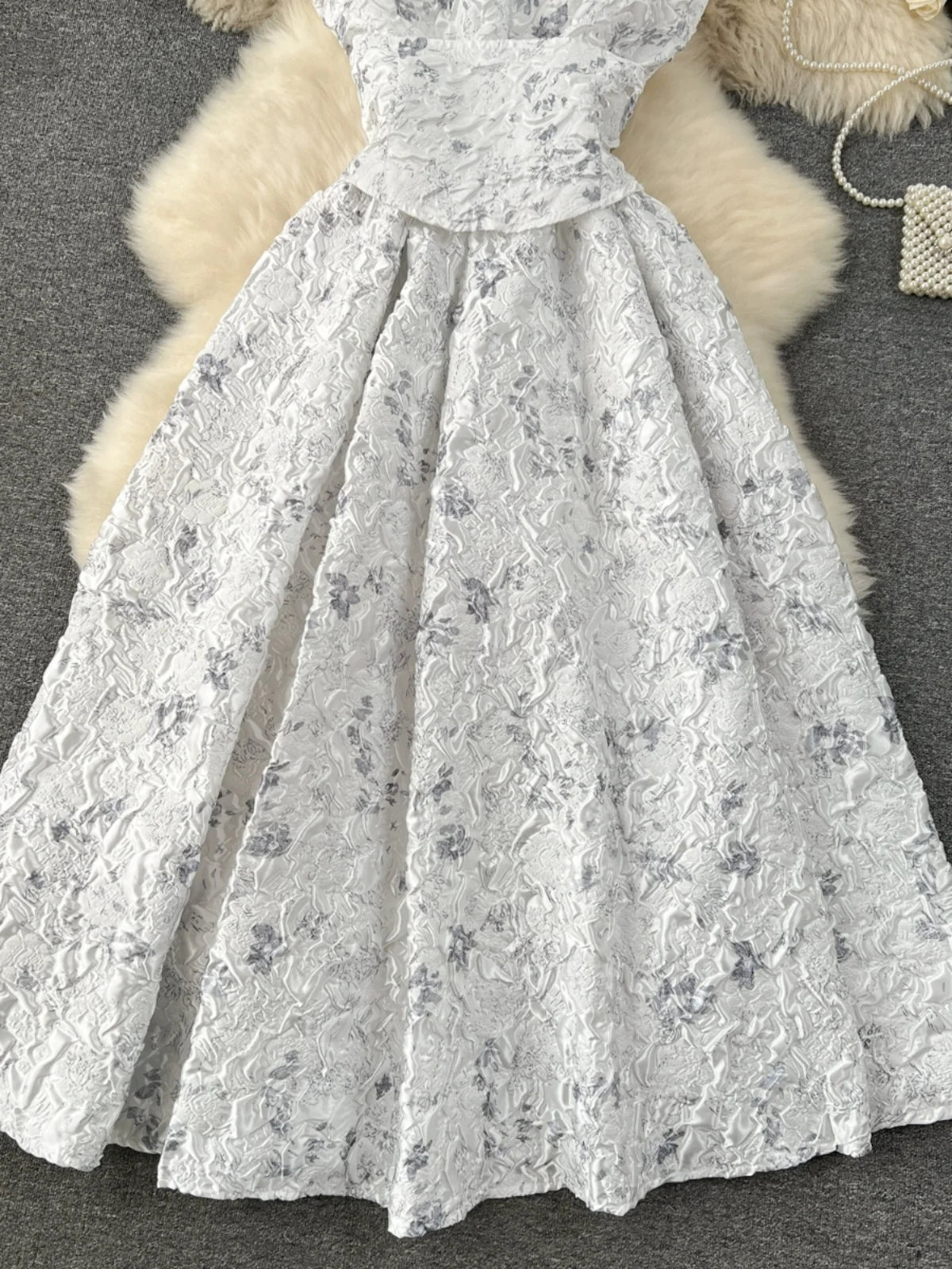 Court Style Elegant Long Dresses for Women Jacquard O-neck Short Sleeve A-line High Waist Vestidos Mujer Frenchic Dress Dropship