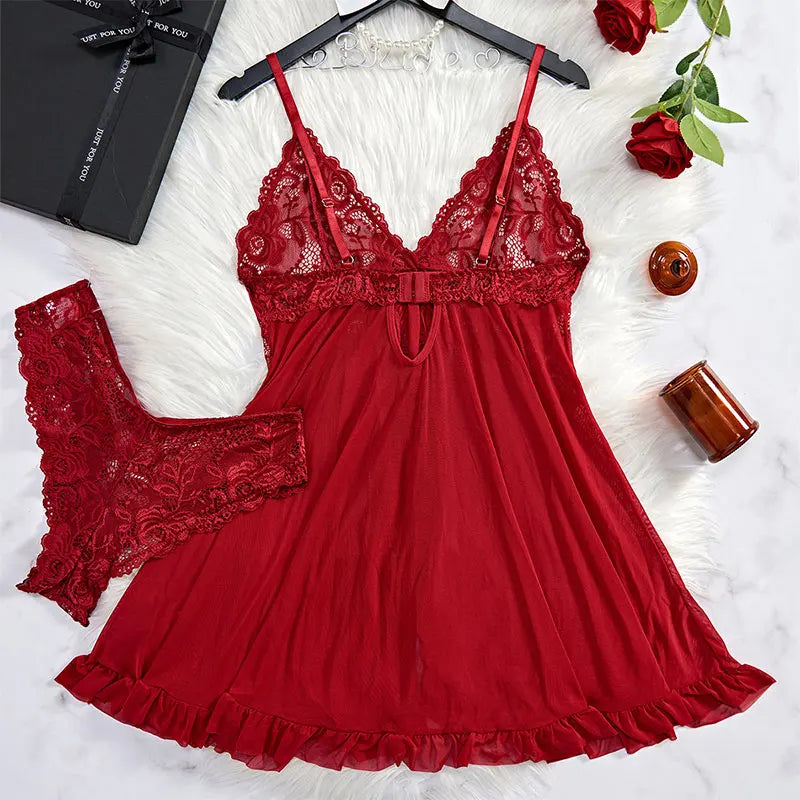 A Set Pink Cute Women Sweet Nightdress And Panty Pijamas Suit Sleeveless Halter Nightgown Short Sets V-Neck Bra Thong Luxury Kit
