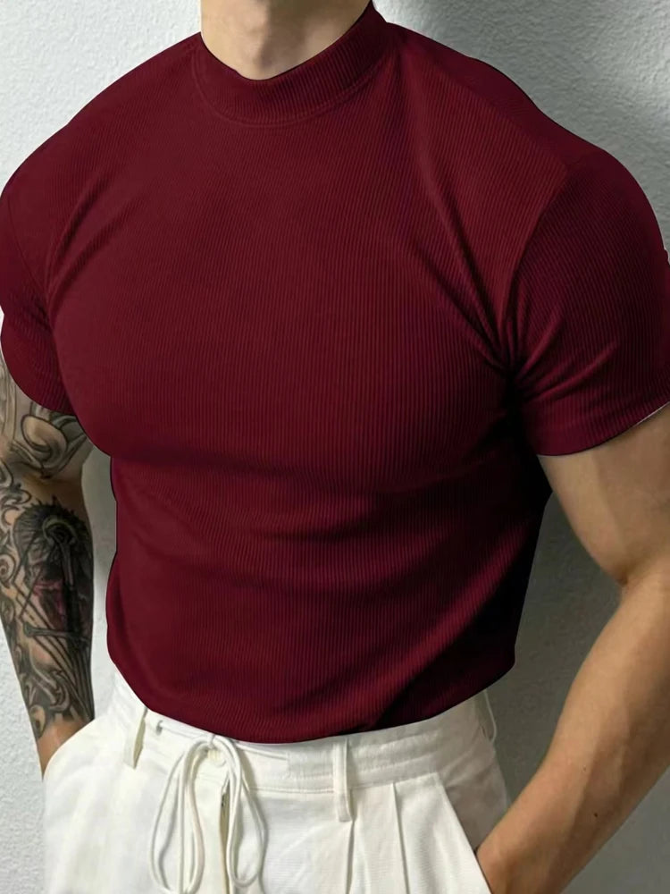 2026 New fashion Men's T-shirt Small high collar stripe shirt short sleeve fitness top leisure sport T-shirt Men sportswear