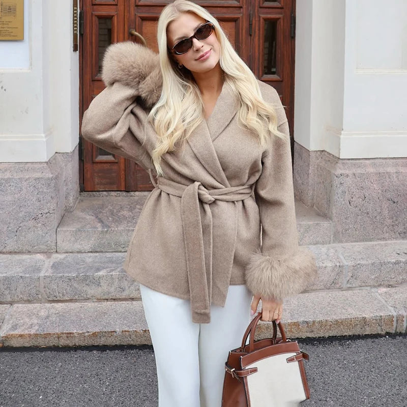 TARUXY Fox Fur Woolen Coats Women's Short Coat Office Lady Removable Elegant Double-sided Wool Overcoat 2025 New Cardigan Jacket