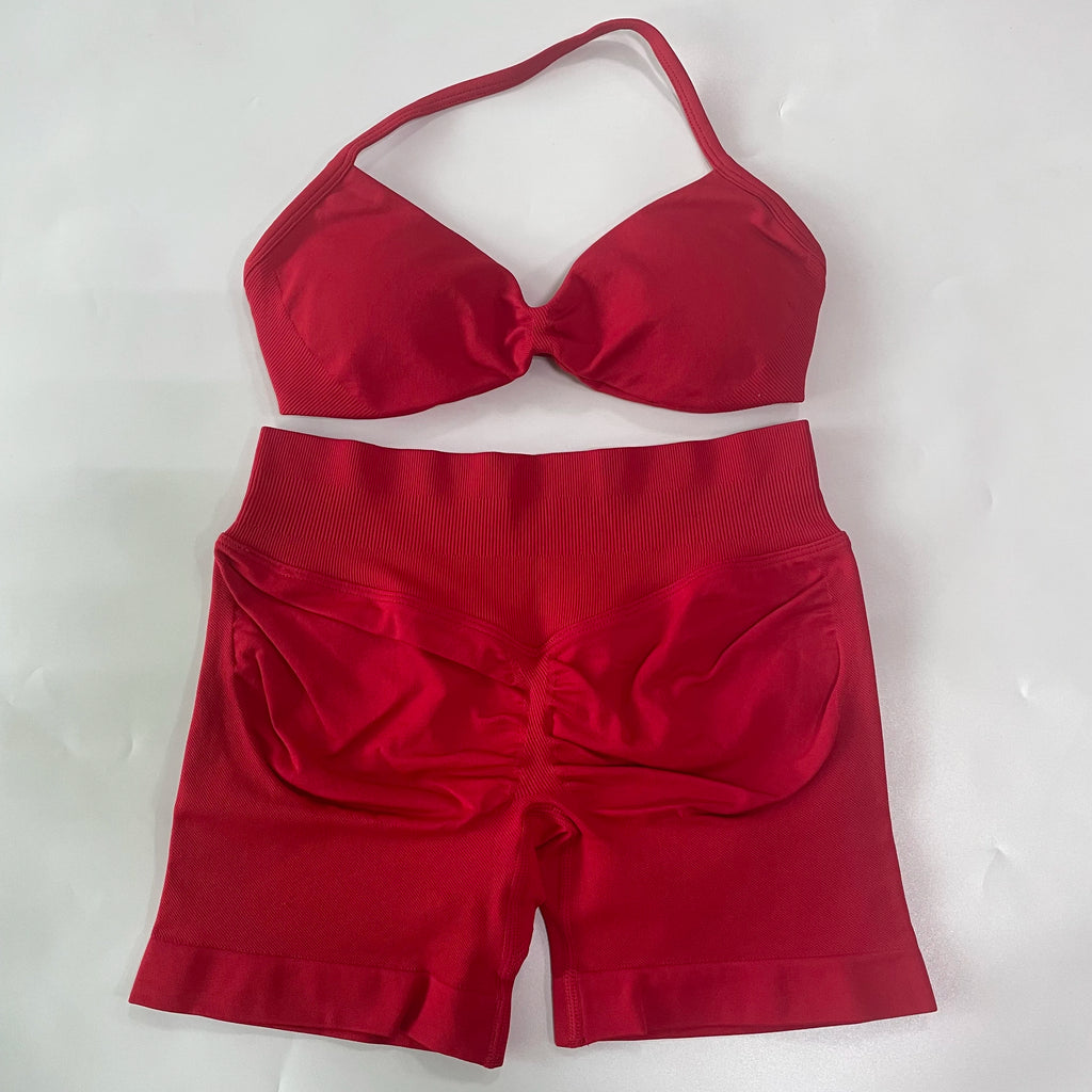 NO LOGO 2PCS Gym Set Women Strappy Yoga Bra Top High Waist Workout Scrunch Shorts Sports Suit Seamless Yoga Set Fitness Clothes