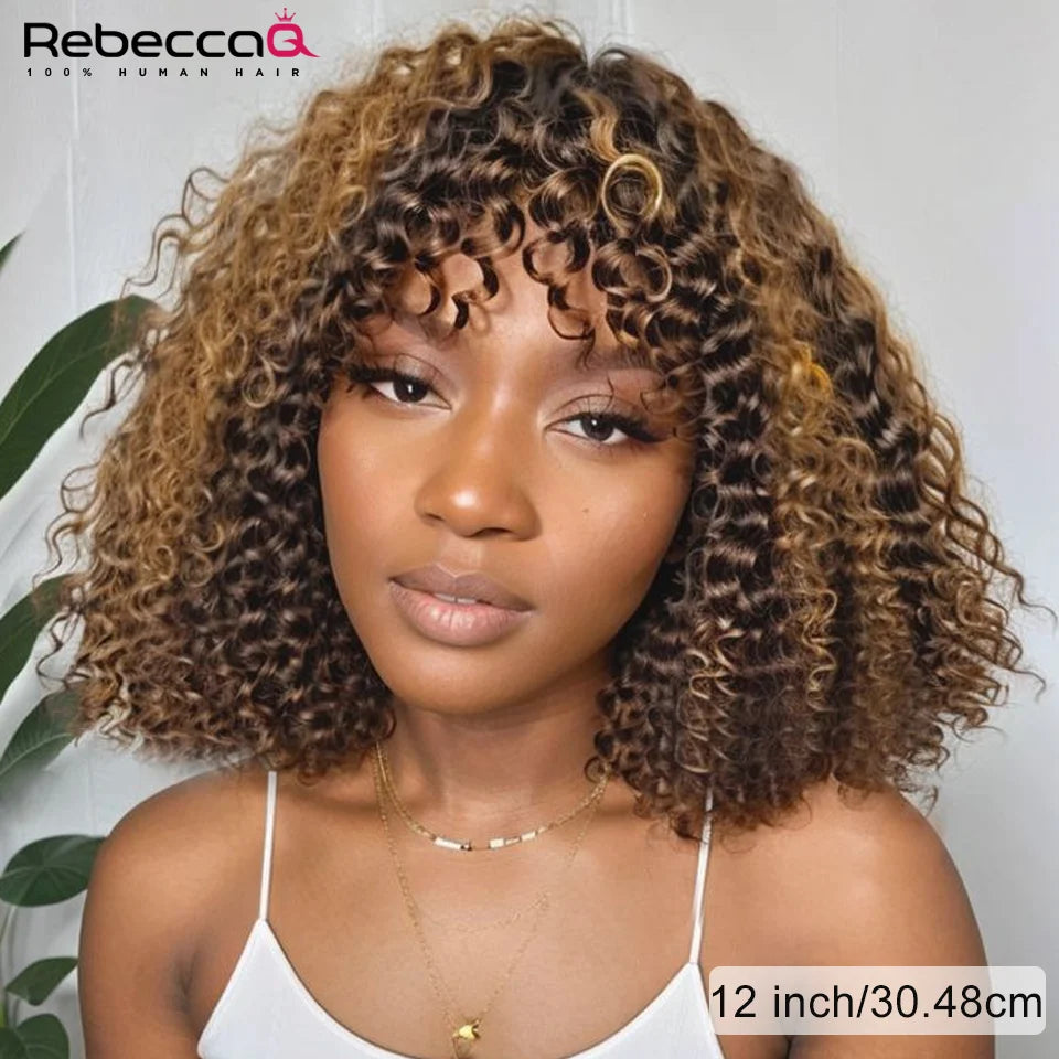 Short Curly Bob Wig With Bangs 100% Human Hair Wigs For Women Brazilian Remy 4C Hair Jerry Curl Glueless Daily Use Natural Color