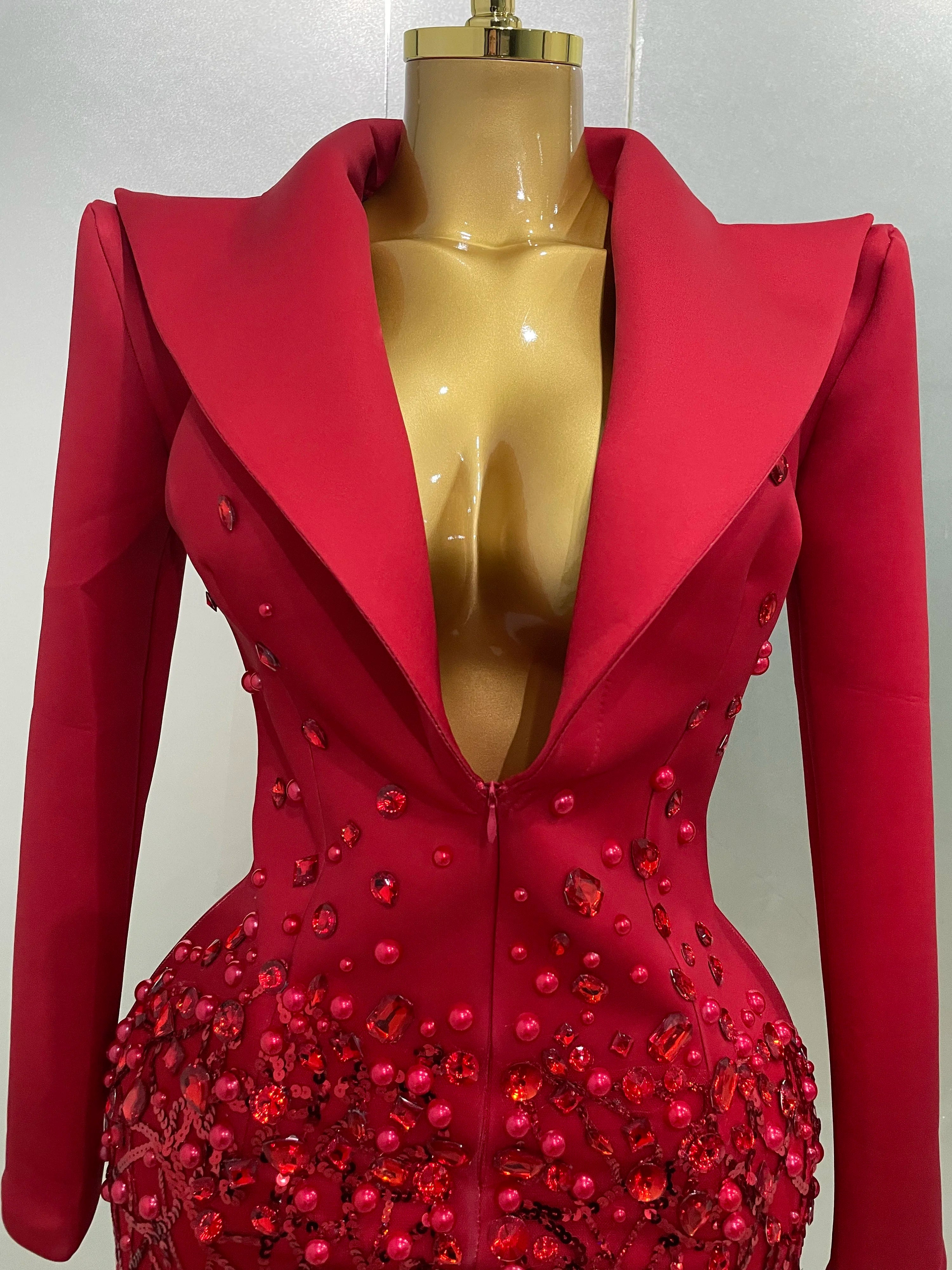 Sparkly Crystal Chains Pearls Long Sleeve Mini Dress 2025 Women Birthday Evening Party Nightclub Outfit Singer Wedding Costume