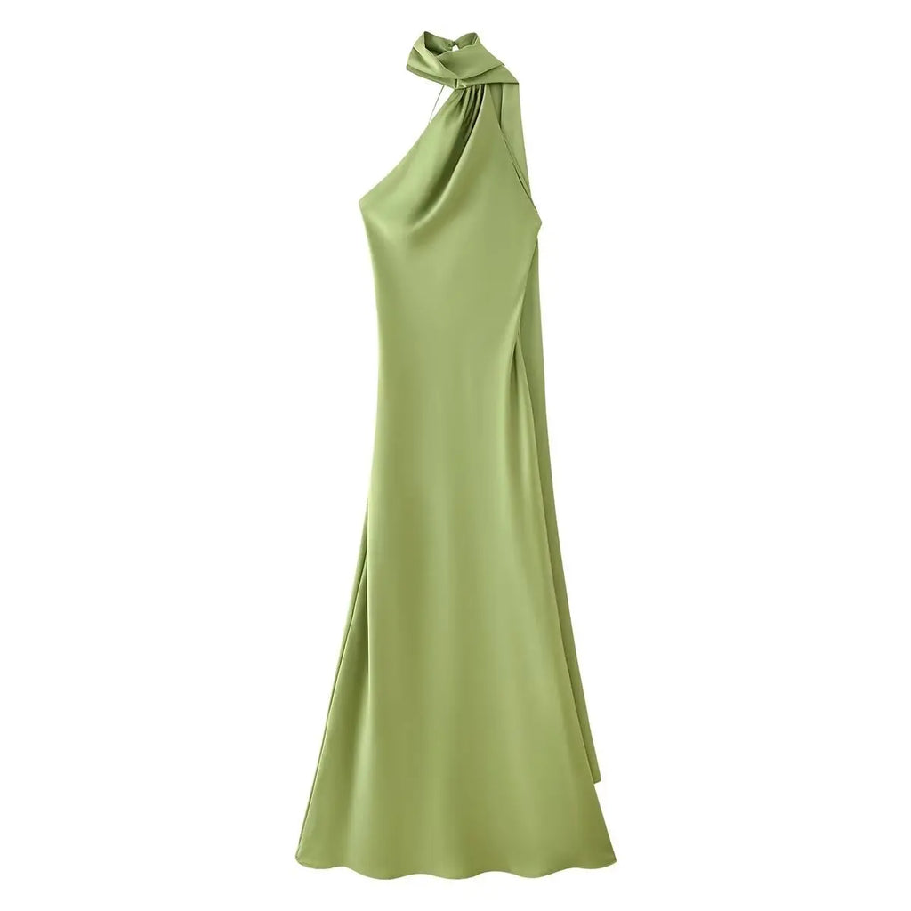 VEITCHE Elegant Women's Soft Silk Satin Long Dress Halter Backless Sleeveless Maxi Dresses Summer Lady Long Ribbon Party Gowns