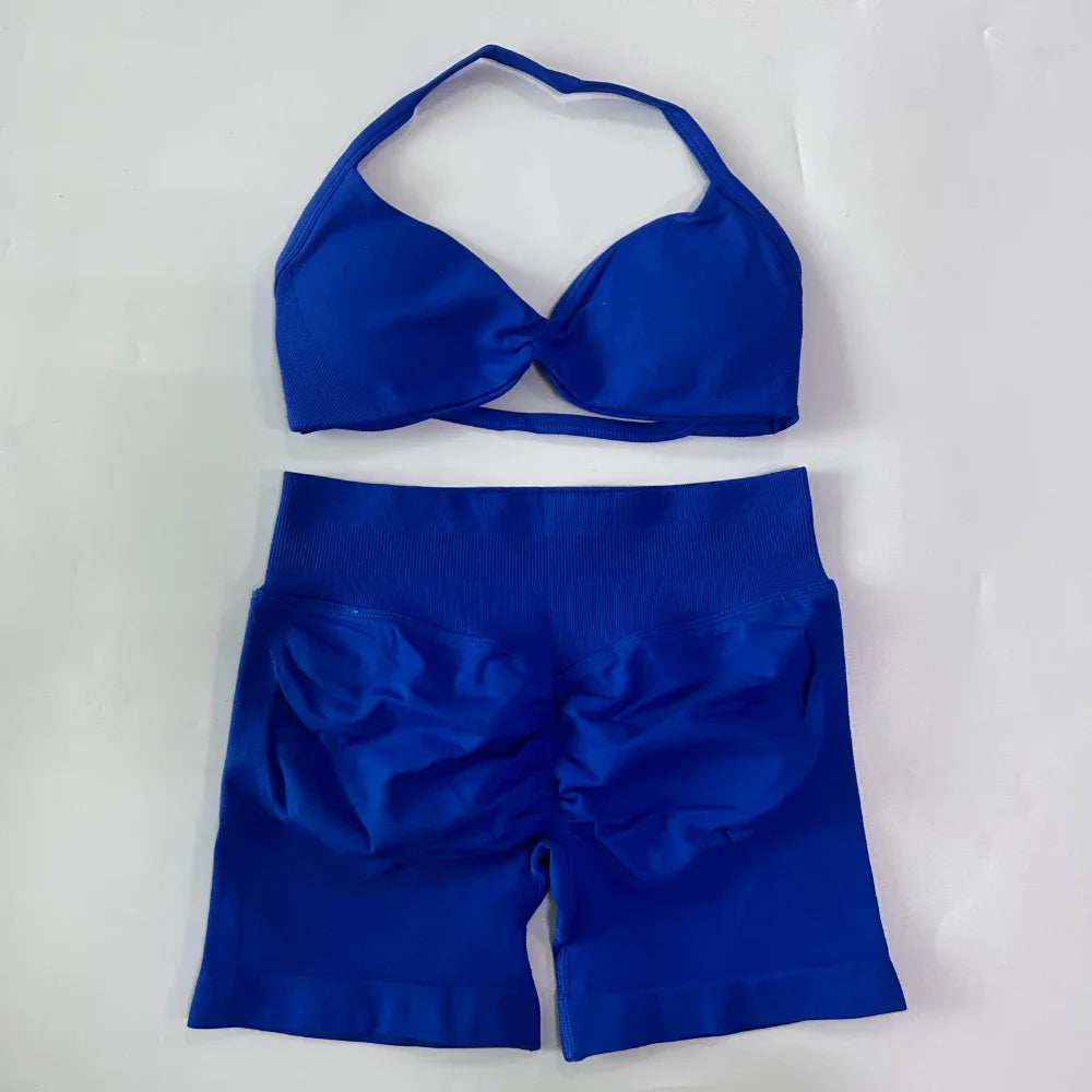 NO LOGO 2PCS Gym Set Women Strappy Yoga Bra Top High Waist Workout Scrunch Shorts Sports Suit Seamless Yoga Set Fitness Clothes