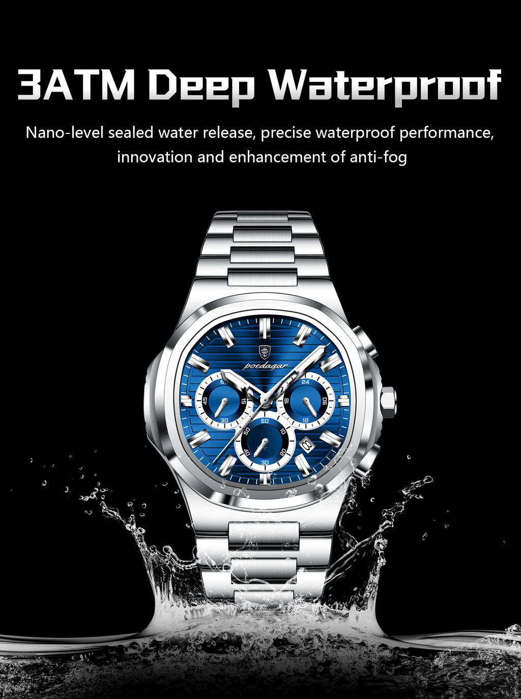 POEDAGAR Business Man Wristwatch Date Chronograph Waterproof Luminous Luxury Men Watch Stainless Steel Quartz Men's Watches Male