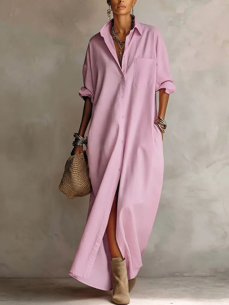 UOOZEE 2026 New Minimalist Solid Color Shirt Dress For Women Long Sleeves Loose Buttoned Pockets Casual Daily Lapel Maxi Dresses