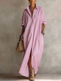 UOOZEE 2026 New Minimalist Solid Color Shirt Dress For Women Long Sleeves Loose Buttoned Pockets Casual Daily Lapel Maxi Dresses
